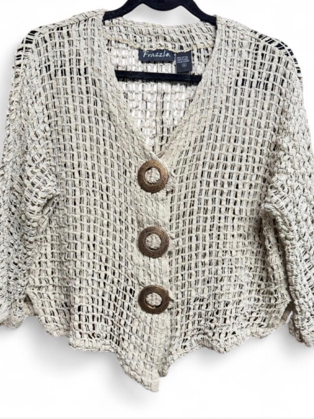 Frazzle Open-Weave Beige Button Front Cardigan